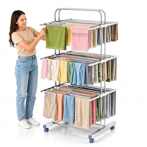 Heavy Duty Foldable Cloth Drying Stand, 3 Tier Mirror Finish Laundry Racks Clothes Stand Cloth Drying Rack Foldable and Movable Large Stainless Steel