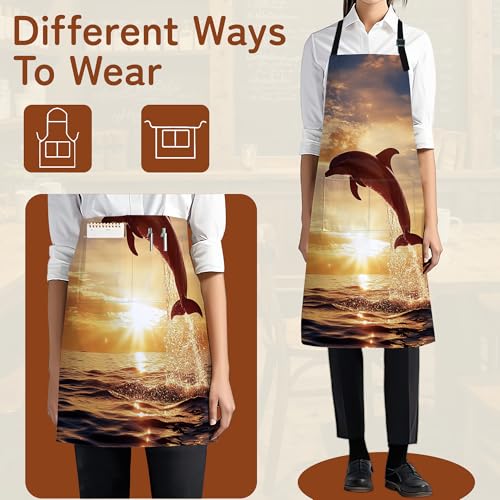 Cooking Aprons for Men and Women,Adjustable Bib Chef Apron with 2 Pockets, Soft and Durability Kitchen Apron - color: Dolphins Sunset