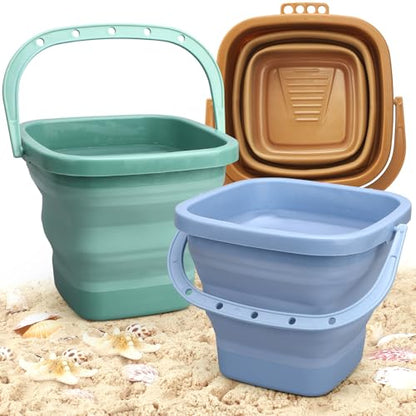 Dilabnba 3-Pack Collapsible Beach Buckets with Mesh Bag, Silicone Sand Water Pails for Kids, Easter Buckets, Portable Beach Toys for Travel, Camping, Fishing, Summer Fun - style: Square
