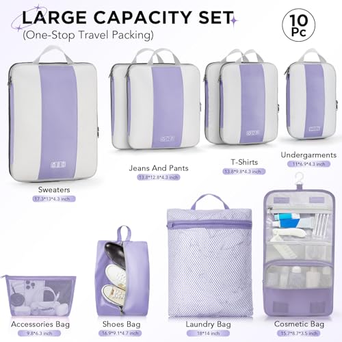 OlarHike 10 Set Compression Packing Cubes for Travel Essentials,Compressible Expandable Space Saver Bags for Organizing Clothes,Luggage Suitcase Garment Bags with Over 1000 pcs Mesh Holes(Purple Gray) - color: Purple Gray