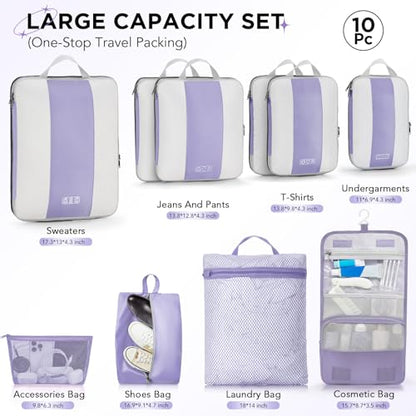 OlarHike 10 Set Compression Packing Cubes for Travel Essentials,Compressible Expandable Space Saver Bags for Organizing Clothes,Luggage Suitcase Garment Bags with Over 1000 pcs Mesh Holes(Purple Gray) - color: Purple Gray