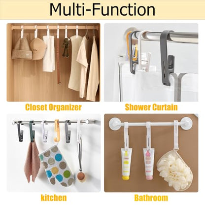 6Pcs Laundry Hooks with Clips Hanger Closet Organizer Clamps Hanging Socks Boot Bras Towels Shower Pegs for Bathroom Wardrobe Kitchen Office Holders Clothes Pins Outdoor, Grey - color: Gray