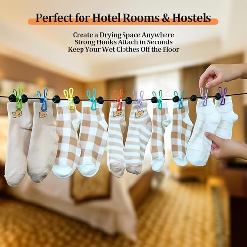 Travel Clothesline Retractable Portable Clothesline with 12 Clips Portable Elastic Camping Clothes Line with Anti-Slip Beads & Stainless Hooks for Hotel, RV, Boat, Outdoor Use (1 Pack) - size: 1 Pack