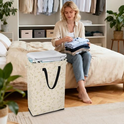 Yellow Small Floral Laundry Hamper Dirty Clothes Laundry Basket Bin for Bedroom Bathroom with Handles Slim Tall Collapsible Waterproof Freestanding 48L - color: Yellow Small Floral