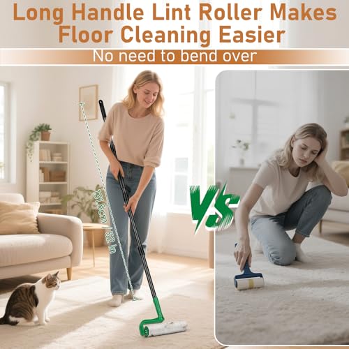 10" Large Lint Roller for Floor Carpet Pet Hair Extra Sticky with 4 Refills - color: Green With 3 Extra Refills