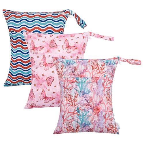ALVA ALVABABY 3pcs Cloth Diaper Wet Dry Bags Waterproof Reusable with Two Zippered Pockets Travel Beach Pool Daycare Soiled Baby Items Yoga Gym Bag for Swimsuits or Wet Clothes 3L-ZM19A - color: Waves butterflies corals