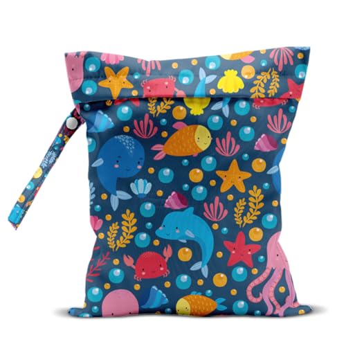 Wet Bag, Wet Dry Bag, Waterproof Swim Bags, Machine Washable Reusable Bags for Beach, Pool, Diapers, and Dirty Yoga Gym Clothes(Cute Ocean Creatures All Over Print - color: Rainbow Ocean Party