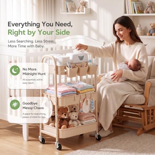 Beige 3 Tier Rolling Cart Metal with Wheels,Tan Three Tiered Bedside Carts - color: Light Beige