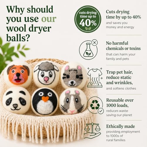Wool Dryer Balls XL 6-Pack – Organic Wool Dryer Balls for Laundry Reusable, Natural Fabric Softener, Reduces Drying Time, Static, Wrinkles & Clumping - color: Mixed Friends