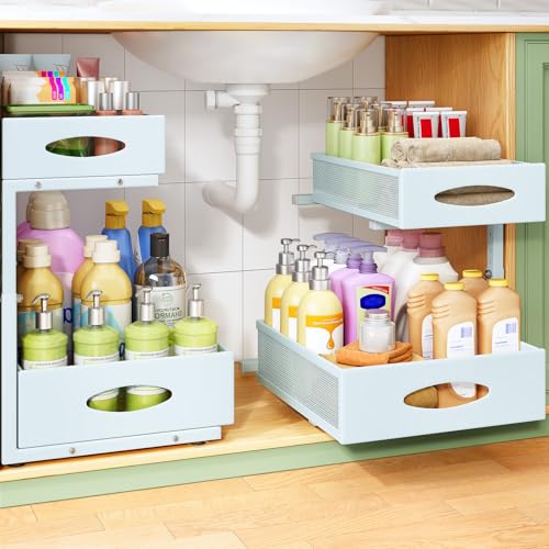 Under Sink Organizer, 1-Pack Pull Out Cabinet Organizer 2 Tier Metal Slide Out Storage Shelf Rack, L-Shaped Adjustable Height,Mesh Sliding Drawer for Kitchen, Bathroom, Laundry, Pantry, Blue, XL - color: Blue, size: 1-Pack