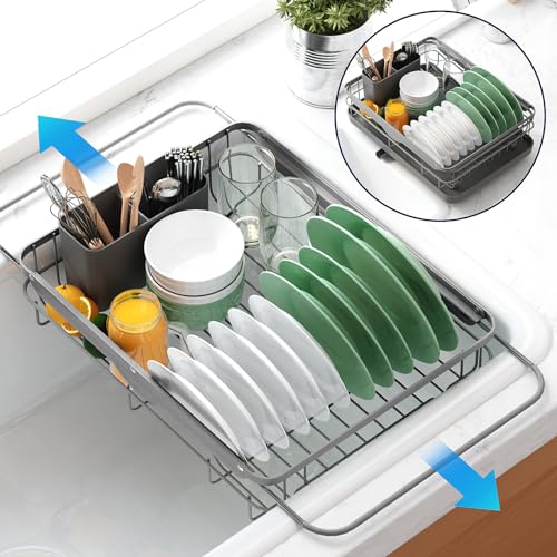 Kitsure Dish Drying Rack for Kitchen Counter,12.2''W x 15.7''~23''L, Grey - color: Gray, size: 12.2''W x 15.7''~23''L - 1 Tier