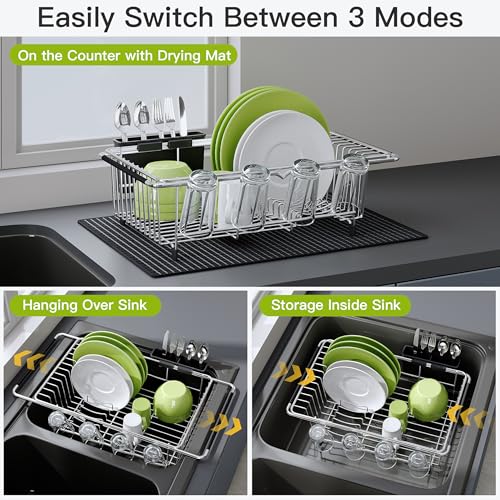 JASIWAY in Sink Dish Drying Rack with Mat, Cups and Utensil Holder - color: Silver, size: For 12"-30"w Sink, with Mat