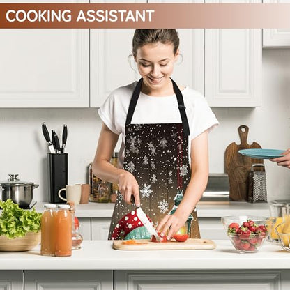 Cooking Aprons for Men and Women,Adjustable Bib Chef Apron with 2 Pockets, Soft and Durability Kitchen Apron - color: Christmas Cute Snowman Snowflake