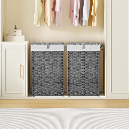 Laundry Hamper with Lid, 90 L Large Capacity Hamper, Rattan Laundry Basket with Compartments & Handles, Foldable, Removable Liner, Dove Gray - color: Dove Gray, size: 90 L