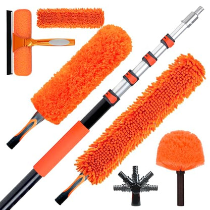20FT High Reach Duster Cleaning Kit with 5-13 FTExtension Pole, High Ceiling Fan Cleaner Duster Tool for Fan Blades, Extendable Reusable Cobweb, Feather, Window Cleaning Squeegee Kit (12FT) - size: 12FT