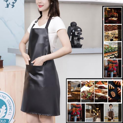 eywlwaar PU Waterproof Apron with One Big Pocket Adjustable Oil Proof Apron for Kitchen Dishwashing Cooking 29.92"x 26.77" - color: Black-2packs