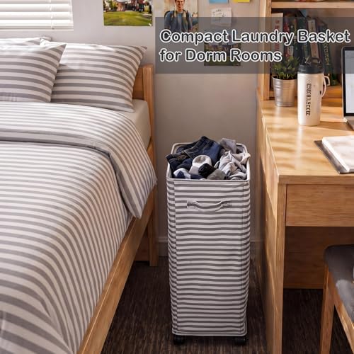 Hushee 2 Pcs Laundry Hamper with Wheels, 70 L Grey Striped Laundry Basket