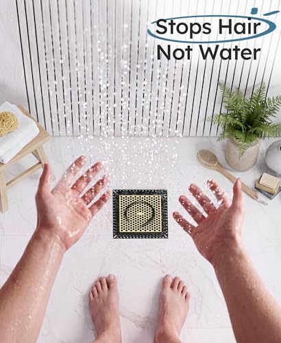 Square Shower Drain Hair Catcher, Anti-Clogging, 4 inch - color: Matte Black & Brushed Gold, size: 4 inch