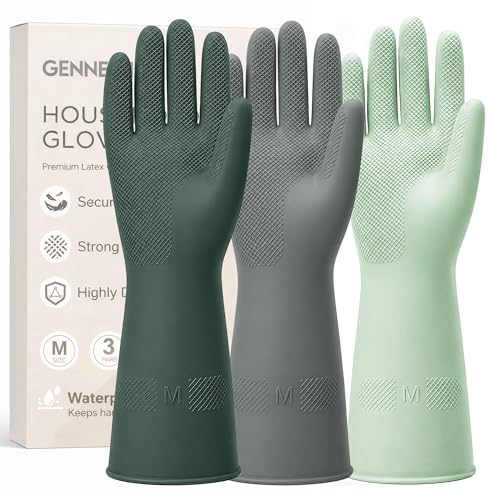 3 Pairs Dishwashing Gloves, Reusable Dish Gloves for Household Cleaning, Waterproof Rubber Dish Washing Glove - color: Dark Green+gray+sage Green, size: Medium (3 Pairs)