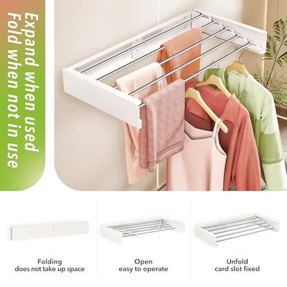ZdwCyl Wall Mounted Drying Rack,32 inches,Foldbale, Clothes Drying Rack,Laundry Drying Rack Wall Mount,Drying Rack Clothing Space Saver,Retractable,Collapsible,Folding Laundry Rack,White - style: White-Stainless Steel