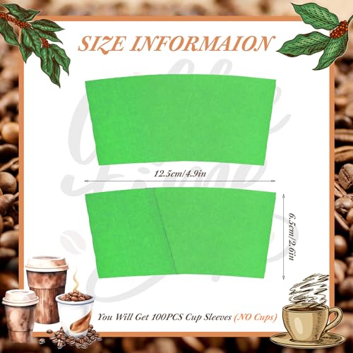 Disposable Coffee Cup Sleeves Corrugated Kraft Paper Coffee Cup Sleeves Holder Protective Insulated Heat Espresso ForHot Drinks 8-24oz (Green, 100 Pcs) - color: Green, size: 100 Pcs