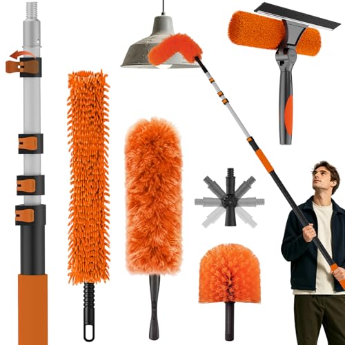 25FT Reach High Ceiling Duster Kits with 5-20FT Adjustable Pole - Includes Extra Long Duster, High Ceiling Duster, Rotatable Window Squeegee & Cobweb Duster for Ceiling Fans and Whole House Cleaning - color: Orange, size: 20FT