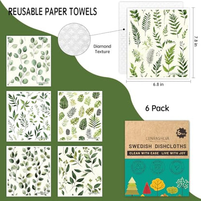 Swedish Dishcloths Reusable Paper Towels 6 Pack, Super Absorbent Washable Kitchen Towels, Biodegradable Quick Drying Dishwasher Safe, Watercolor Design Cleaning Cloths for Any Surface(Green Grass) ﻿ - color: Greengrass Theme