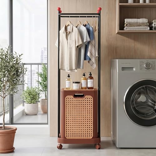 VECELO Laundry Hamper with Clothes Rack, Rolling Laundry Basket with Lid and Wheels, Tall Clothes Stand for Hanging Clothes, Multifunctional Laundry Organizer for Bedroom, Bathroom, Brown - color: Brown