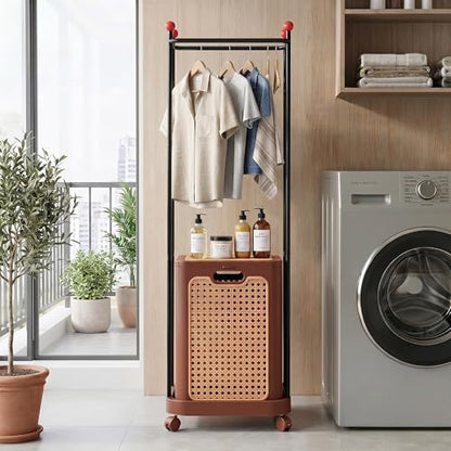 VECELO Laundry Hamper with Clothes Rack, Rolling Laundry Basket with Lid and Wheels, Tall Clothes Stand for Hanging Clothes, Multifunctional Laundry Organizer for Bedroom, Bathroom, Brown - color: Brown
