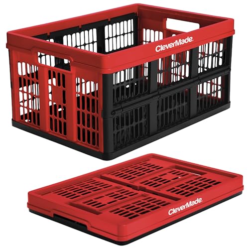 CleverMade Collapsible Utility Crates - Red 1pck 45L / 11 Gal holds 66 lbs - Stackable Containers Heavy Duty Capacity Crates Space-Saving Baskets - color: Red, size: 45L - 1 Pack