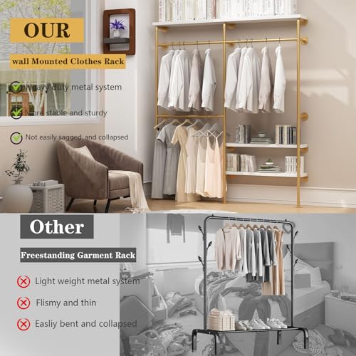 HOMEKAYT Industrial Pipe Clothes Rack with Shelves, Gold Clothing Rack Wall Mounted Heavy Duty Multi-Purpose Storage Clothes Hanging Shelf - 70.8''L Gold - color: gold, size: 70.8''L-A