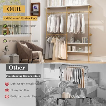 HOMEKAYT Industrial Pipe Clothes Rack with Shelves, Gold Clothing Rack Wall Mounted Heavy Duty Multi-Purpose Storage Clothes Hanging Shelf - 70.8''L Gold - color: gold, size: 70.8''L-A