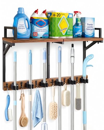 Lorbro Broom Holder Wall Mount with Cleaning Supplies Storage, Heavy Duty - size: Large