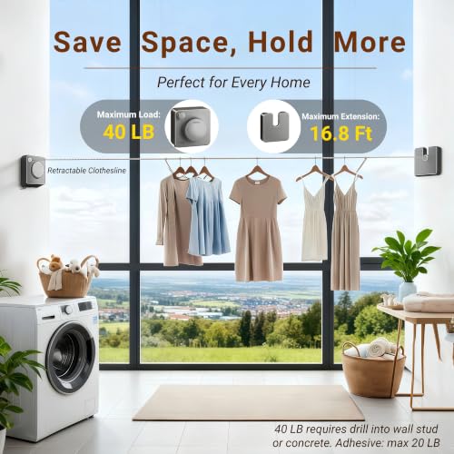 Retractable Clothesline, 16.8 FT Indoor Wall Mounted Laundry Line