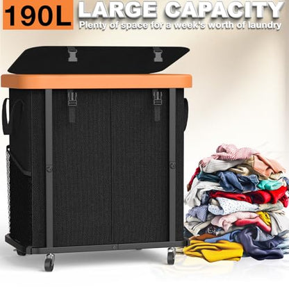 Laundry Basket with Wheels,190L Leather Patchwork Laundry Hamper 2 Setion - color: Black, size: 2 Section-190L