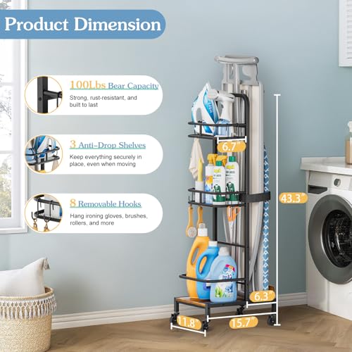 Ironing Board Hanger,Iron and Ironing Board Holder No Wall Mount,Laundry Room Organization and Storage Cart with Iron Stand,Narrow Laundry Shelves Organizer Cabinet,Laundry Room Essentials Accessories