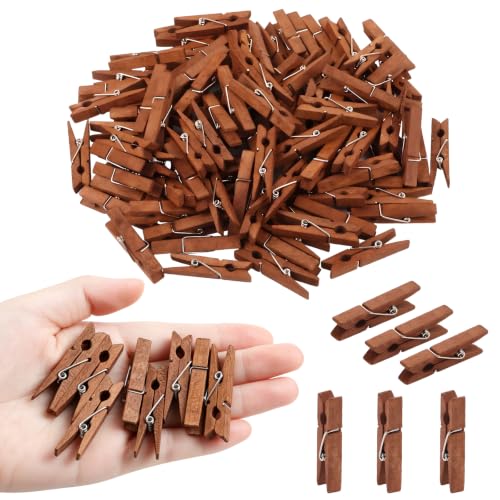 KIMOBER 100 Pcs Mini Wooden Clothespins,1.77 Inch Small Clothes Pins in Vintage Brown for Photos Crafts Scrap Booking Hanging Pictures DIY Decor and Gift Wrap - color: Vintage Brown