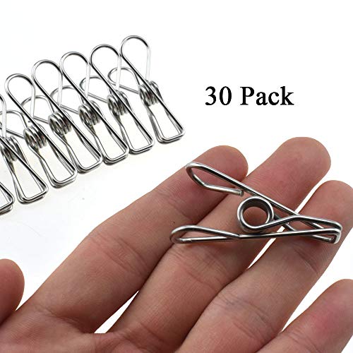 HAHIYO Clothespins Chip Clips All Metal Stainless Steel No Rust Stains Strong Grip in Heavy Wind 1.7 Inches 30 Pack Small Do Not Fall Apart Open Wide for Holding Clothes Snack Bag Clamps - size: 1.7 inch 30 Pack