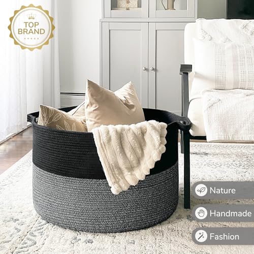 INDRESSME XXXLarge Woven Rope Blanket Basket Living Room Black Grey - color: Black & Grey, size: 21.7"D x 13.8"H