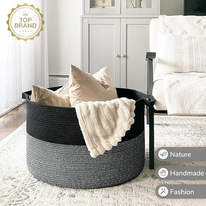 INDRESSME XXXLarge Woven Rope Blanket Basket Living Room Black Grey - color: Black & Grey, size: 21.7"D x 13.8"H