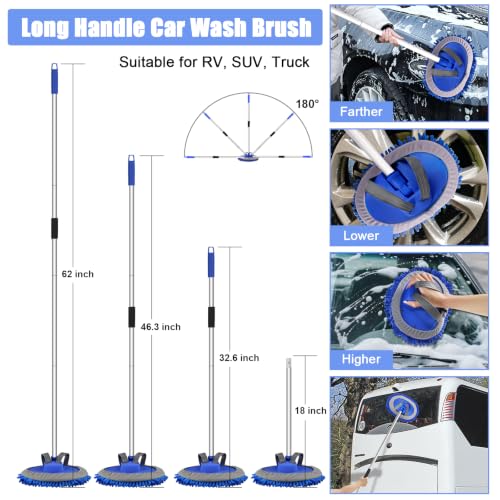 anngrowy 62" Microfiber Car Wash Brush with Long Handle Car Washing Mop Kit Mitt Sponge Car Cleaning Supplies Duster RV Washing Car Brushes, 1 Chenille Scratch-Free Replacement Head (Blue&Yellow) - color: Blue&yellow