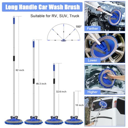 anngrowy 62" Microfiber Car Wash Brush with Long Handle Car Washing Mop Kit Mitt Sponge Car Cleaning Supplies Duster RV Washing Car Brushes, 1 Chenille Scratch-Free Replacement Head (Blue&Yellow) - color: Blue&yellow