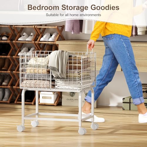 Laundry Basket with Wheels,80L Wire Rolling Laundry Basket with Pull Handle,White High Laundry Cart for Laundry Room,Bathroom,Bedroom-White(23.6 * 15.75 * 28inch) - color: White, size: 23.6*15.75*27.95inch