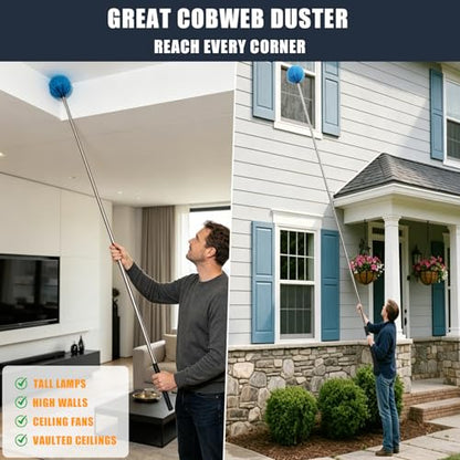 9FT Cobweb Duster with Extension Pole, Stiff Bristles & Adjustable Handle – Lightweight Dust Cleaner for Ceiling, Walls, Vents, Eaves – Indoor & Outdoor Use, Reusable Washable Head, Cleans Up to 16FT - size: 9 FT