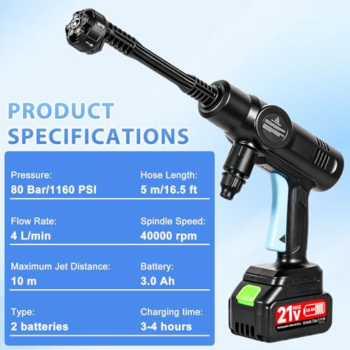 Cordless Portable Washer, Handheld Washer, Battery Operated Washer with 5M Elastic Hose for Car Home with Storage Box 80bar - color: Blue-02