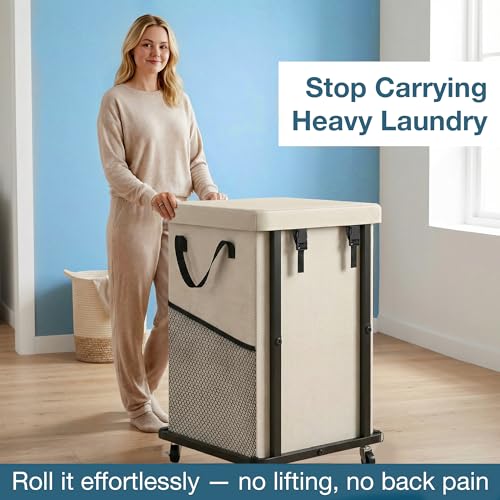 150L Laundry Basket with Wheels and Lid, Large Rolling Laundry Hamper with Removable Divider, Double Compartment Clothes Hamper, Metal Frame, White