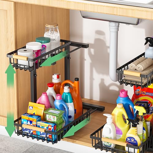 Merrylun Under Sink Organizers,5 Adjustable Height，Metal Pull Out Under Sink Organizers and Storage Shelves with Sliding Drawer, Black, 2 Pack（Hight 13.6″-16.9″） - color: Black, size: 2 pack