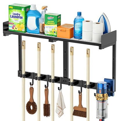 27" Mop and Broom Holder Wall Mount with Top Storage Shelf & Hooks,Black - color: Black, size: Large