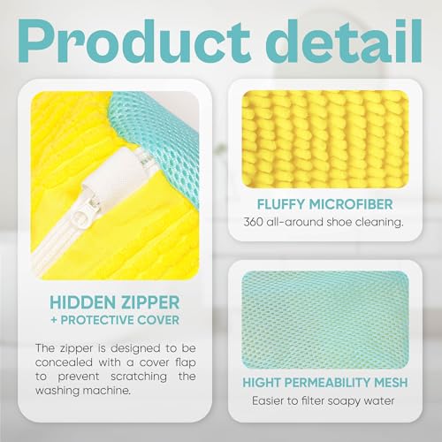 Shoe Washing Machine Bag – 2 Pack Mesh Laundry Bags for Sneakers, Tennis Shoes & Sports Trainers – Reusable Zippered Cleaning Bag to Protect Footwear, Comes with Metal Hanging Hook (Yellow)