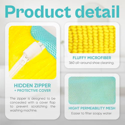 Shoe Washing Machine Bag – 2 Pack Mesh Laundry Bags for Sneakers, Tennis Shoes & Sports Trainers – Reusable Zippered Cleaning Bag to Protect Footwear, Comes with Metal Hanging Hook (Yellow)